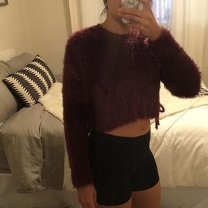 Fuzzy side ties crop sweater
